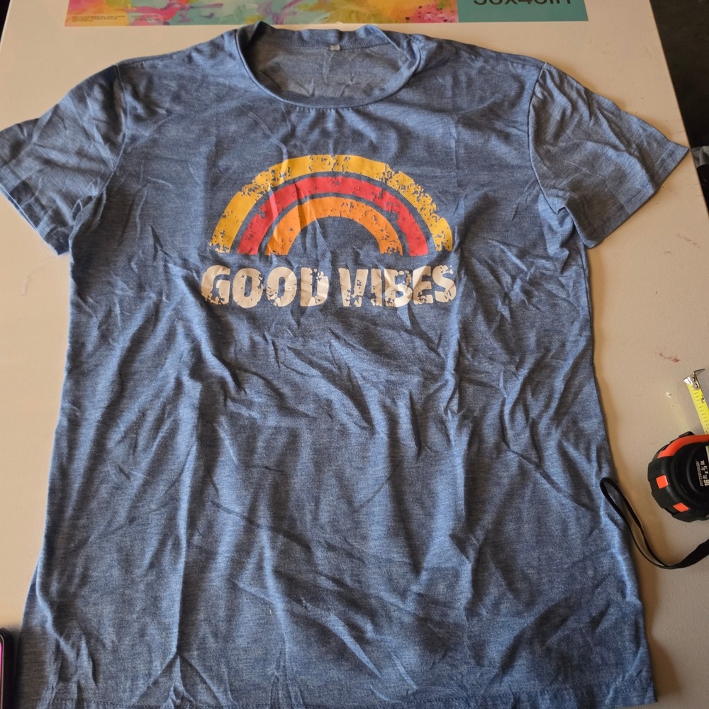 Good Vibes Rainbow Graphic T-Shirt Mens Blue Heather Distressed Short Sleeve Tee